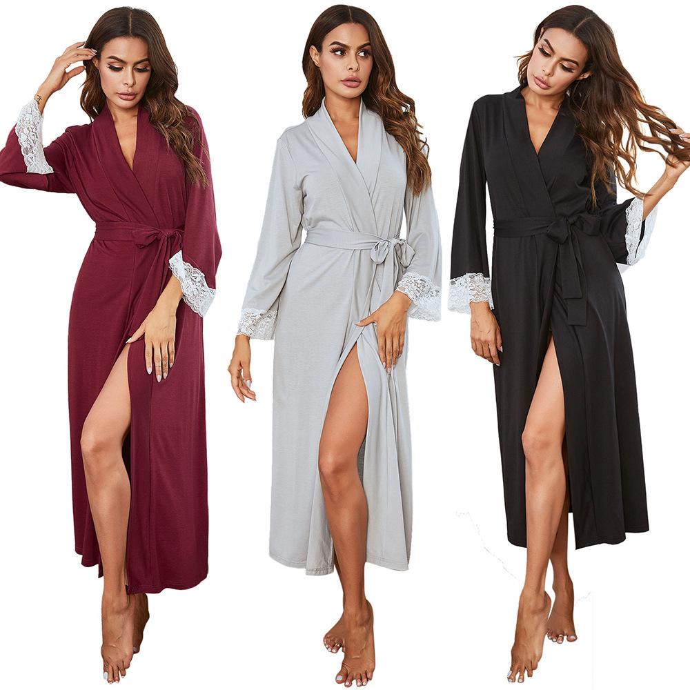 Pigiama sexy primaverile ed estivo europeo e americano da donna, vestaglia lunga da casa con cintura, casual e comodo