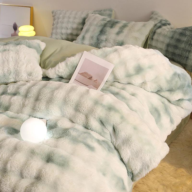 Premium Winter Rabbit Fur Plush Four-Piece Set: Thickened Coral Fleece & Milk Velvet Duvet Cover with Faux Fur Three-Piece Bed Sheet Set.
