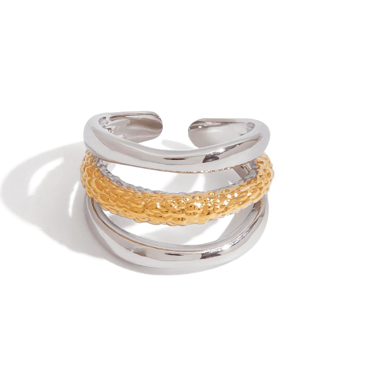 Three-layer Hollow Hammer Pattern Open Ring 18K Golden PVD Plated Stainless Steel Summer Popular Daily Jewelry Gift
