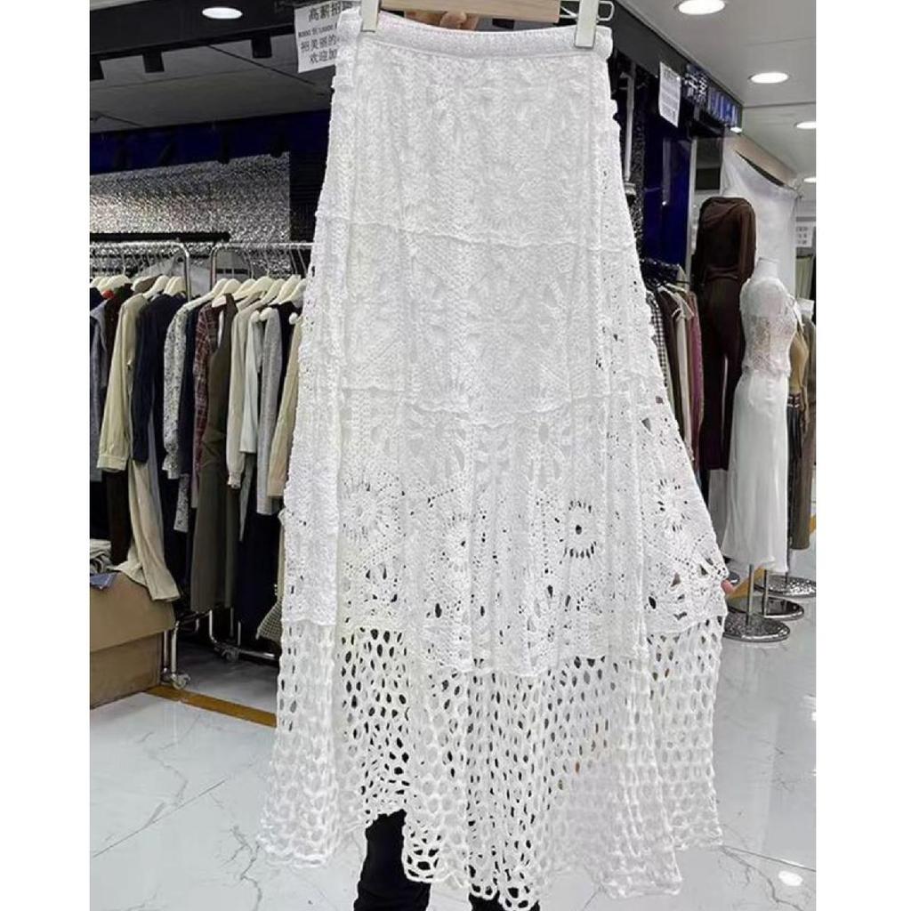 Summer Lace Patchwork A-line Skirt Women Knitting Lace Long Solid Hollow Out Sexy Hollow  Style Loose Basic