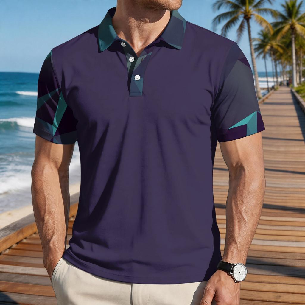 Men's Loose Fit Casual Polo Shirt Camouflage Pattern Color Block Short Sleeve Button Collar Top for Everyday Wear