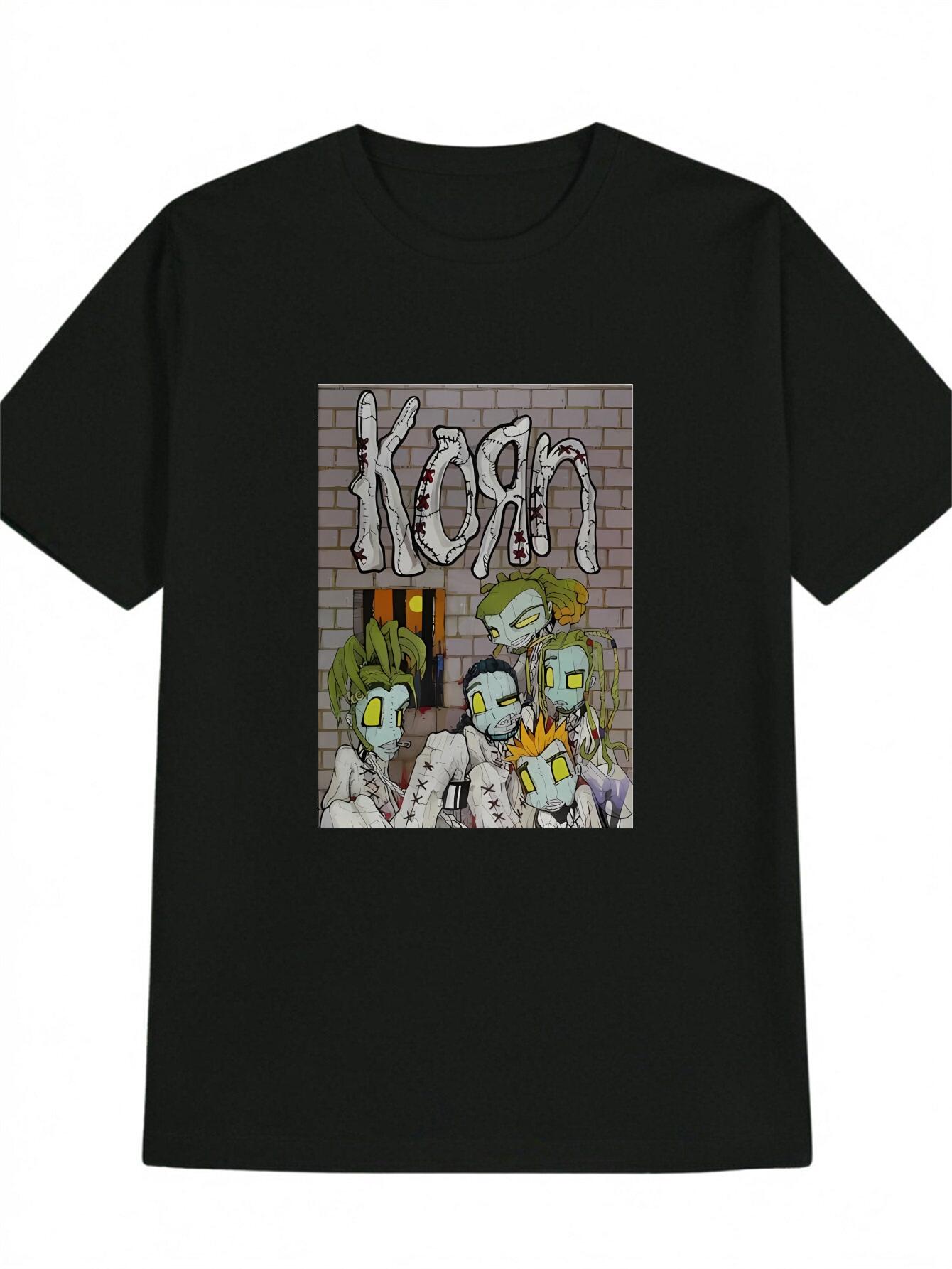 

Casual Graphic T-shirt with Korn Band Art Print & Urban Brick Wall Design - Black Round Neck Summer Tee S