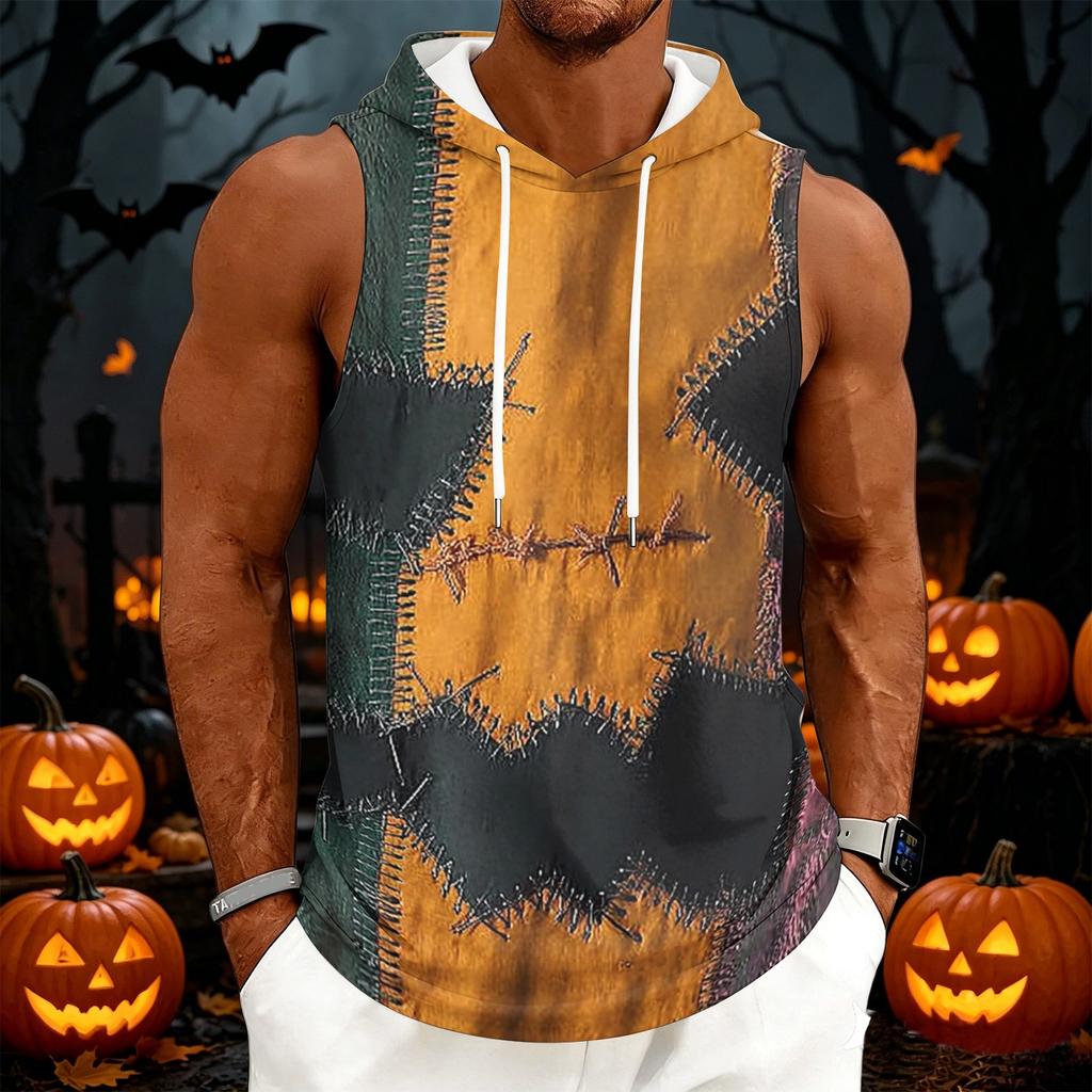 Men's Sleeveless Hoodie Casual Drawstring Hooded Tank Top Halloween Print Streetwear Muscle Fit Summer Vest