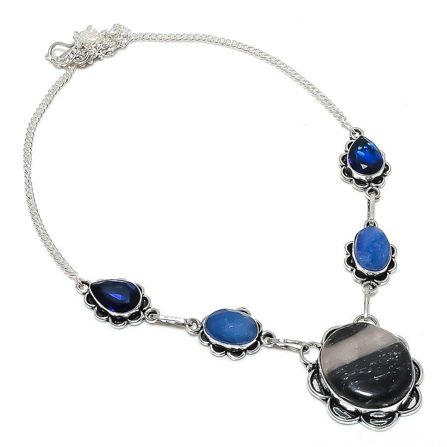 

Natural Green Aventurine, Sapphire 925 Sterling Silver Jewelry Necklace 18 L8o35