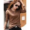 2025 Long Sleeve Spring Women Slub Cotton T Shirts Female Button Green V-Neck Solid Color T-shirt Coffee Korean Soft Loose Tops