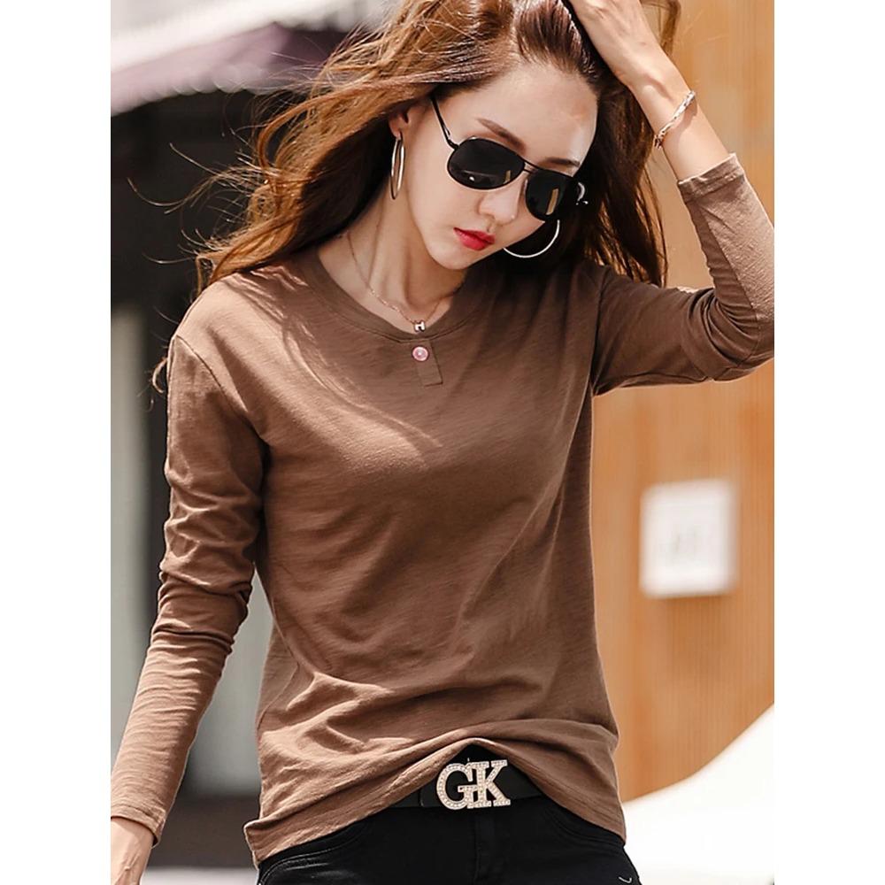 2025 Long Sleeve Spring Women Slub Cotton T Shirts Female Button Green V-Neck Solid Color T-shirt Coffee Korean Soft Loose Tops