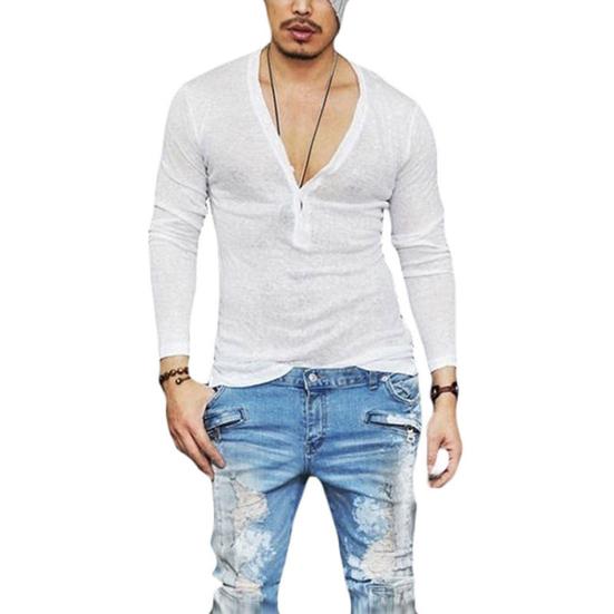 Deep V-neck Men T-shirt Long Sleeve Thin Elastic Quick Drying Summer Solid Color Slim Fit Tee Top Streetwear