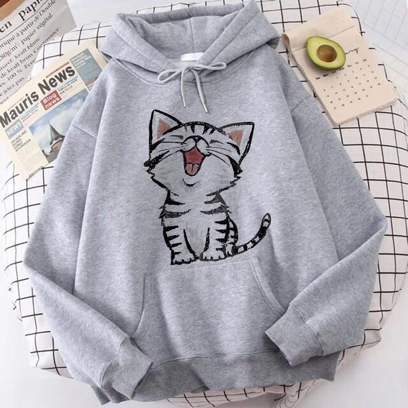 Funny Happy Cat Print Casual Pocket Hoodies Autunm Winter Women's Hooded Clothes Kawaii Graphic Sweatshirts 90s Y2k Streetwear