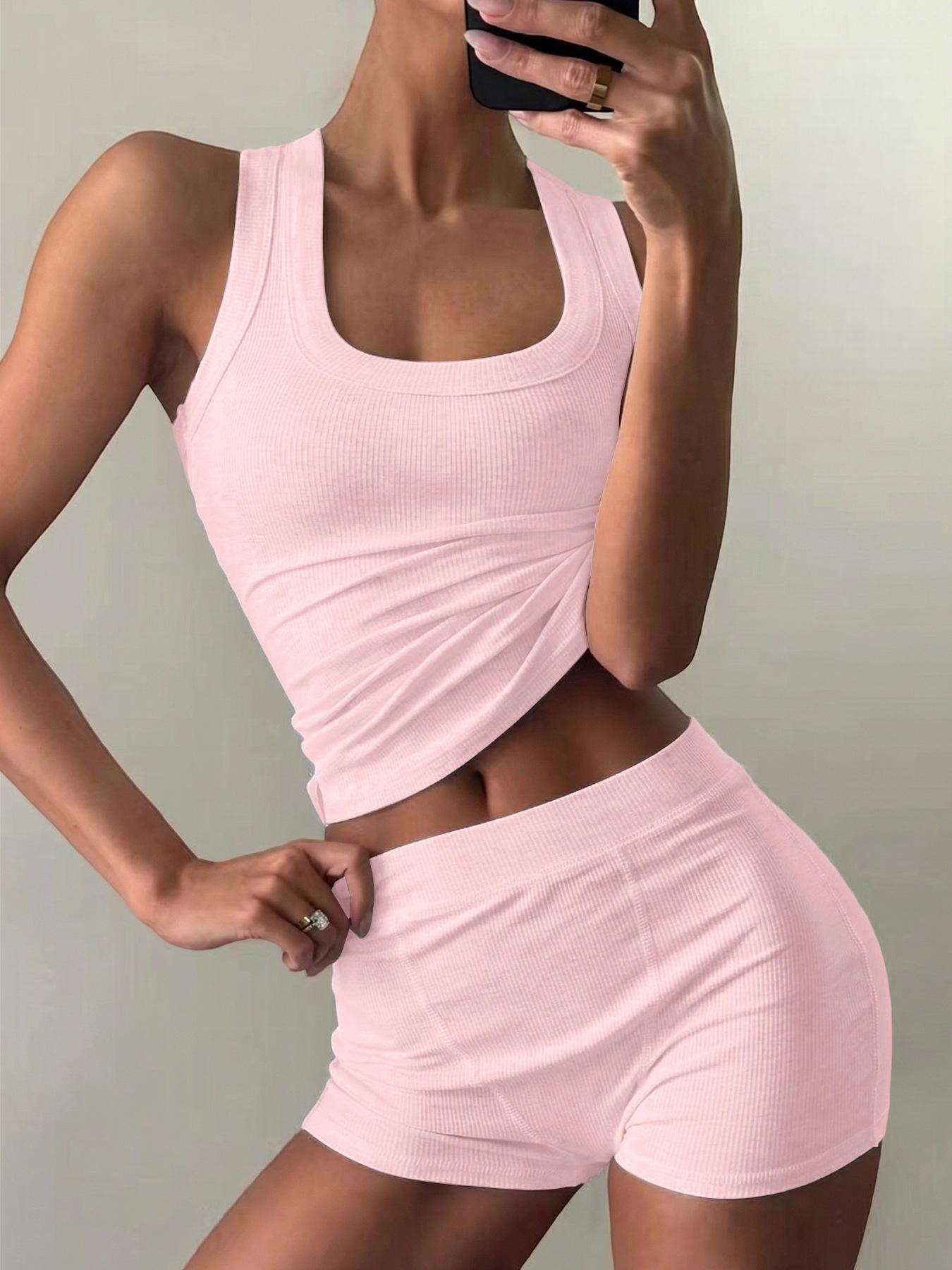 

Women s Casual Solid Color Round Neck Tank Top & High Waist Shorts Set - Y2K Slim Fit Small светло-розовый