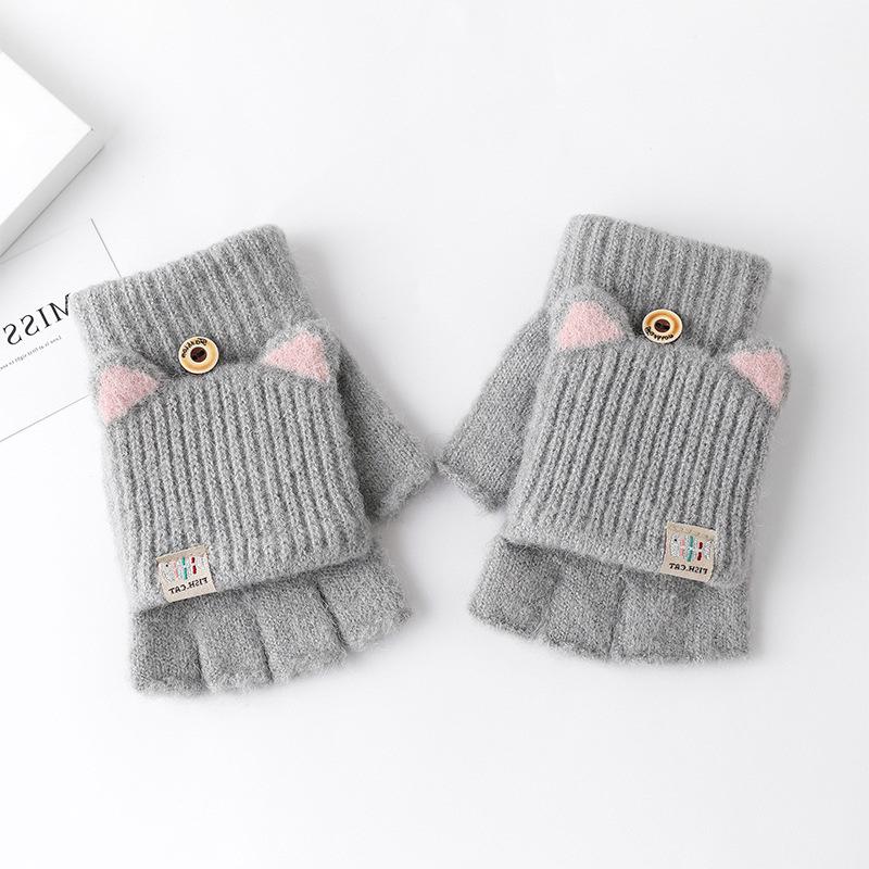 1Pair Cute Mittens Flip Half Finger Glove For Women Girls Winter Soft Warm Thick Gloves Student Cold Resistant Writing Gloves