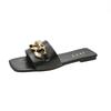 Fashion Wide Fit Slip-On Metal Chain Decor Slides For Women, Breathable Open-Toe Summer Casual Sandals With Adjustable Strap