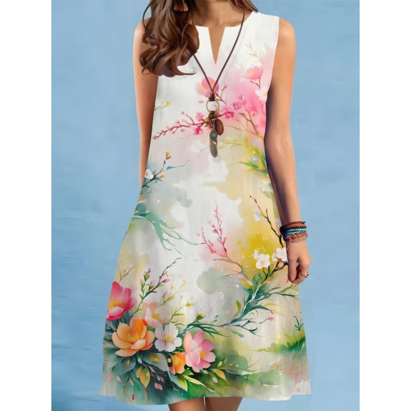 New Summer Beach Floral Print Dress For Women Casual Sexy Sleeveless V-neck Loose Mini Dress Elegant Short Dress Vestido