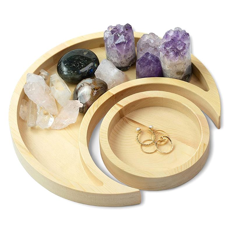 New Wooden Serving Tray Rustic Tableware Dessert Dish Moon Sun Shape Jewelry Plate Bowl Eid Mubarak Ramadan Party Supplies