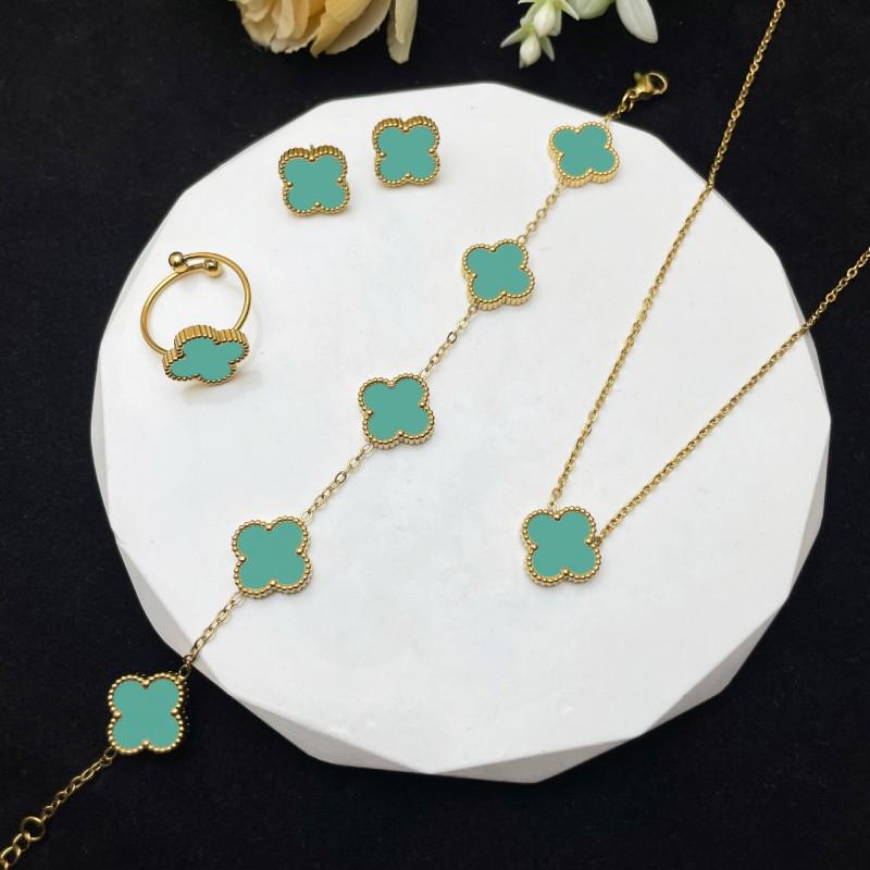4 Piece Lucky Clover Jewelry Set Women Necklace Bracelet Earrings Ring In Titanium Steel With Electroplating