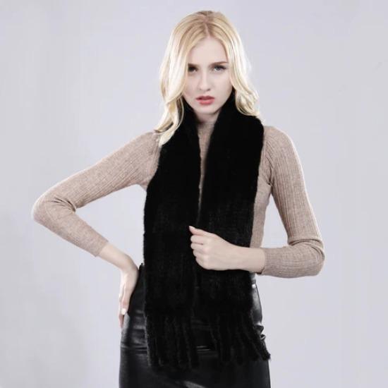 

Женский шарф ручной вязки из натурального меха норки, натуральный теплый меховой муфлон, Россия, качество, кисточка, шарфы из натурального меха норки чёрный