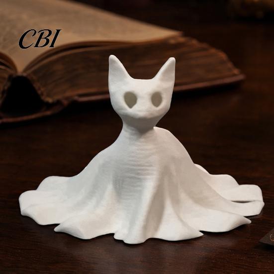 Ghost Skirt Cat Sculpture 3D Printed Statues, Halloween Haunted Kitten Figurines with Hollow Eyes Durable Statue & Flowing Drapes, Matte White Spooky