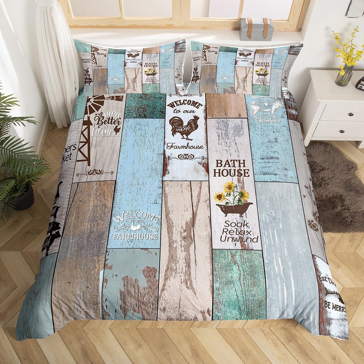 

Farmhouse Duvet Cover King Rustic Windmill Quilt Cover Retro Barn Country Vintage Farm Cow Bedding Set Western Cabin Lodge Decor EU Single(135x200cm)