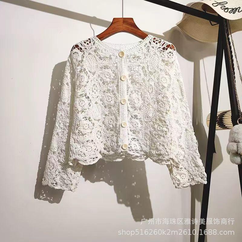 Fashion loose and thin hollow crochet knitted sweater women's new foreign style unique chic cardigan long-sleeved top
