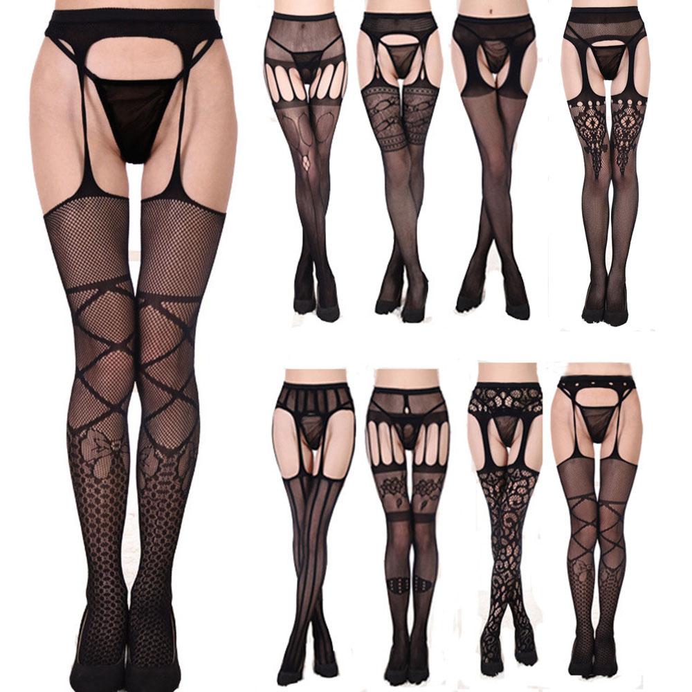 Sexy Suspender Stocking High Knee Socks Open Crotch Pantyhose Hold On Lady Crotchless Tights Sex Party Lace Erotic For Women
