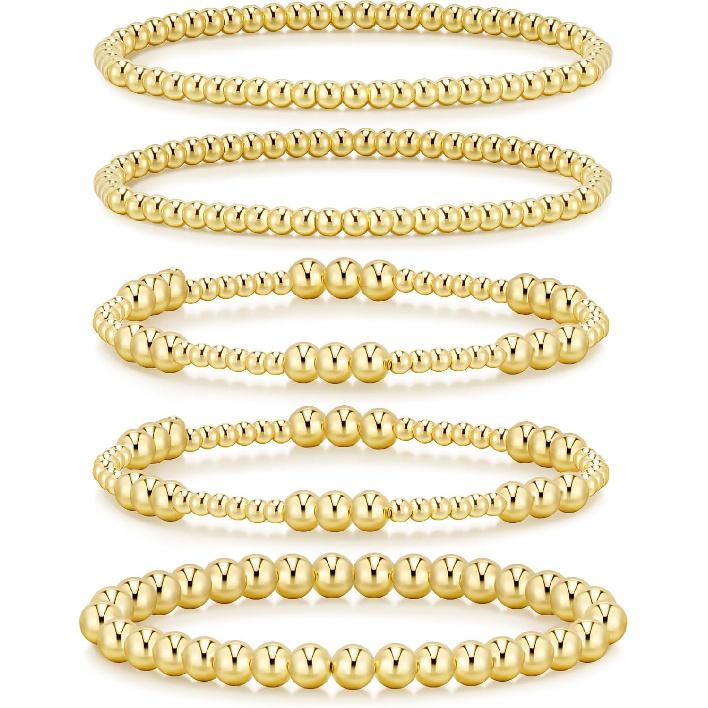 adoyi Gold Bracelets for Women Waterproof, 14K Gold Plated Beaded Strand Bead Ball Bracelets stack Adjustable Jewelry Set for Gifts