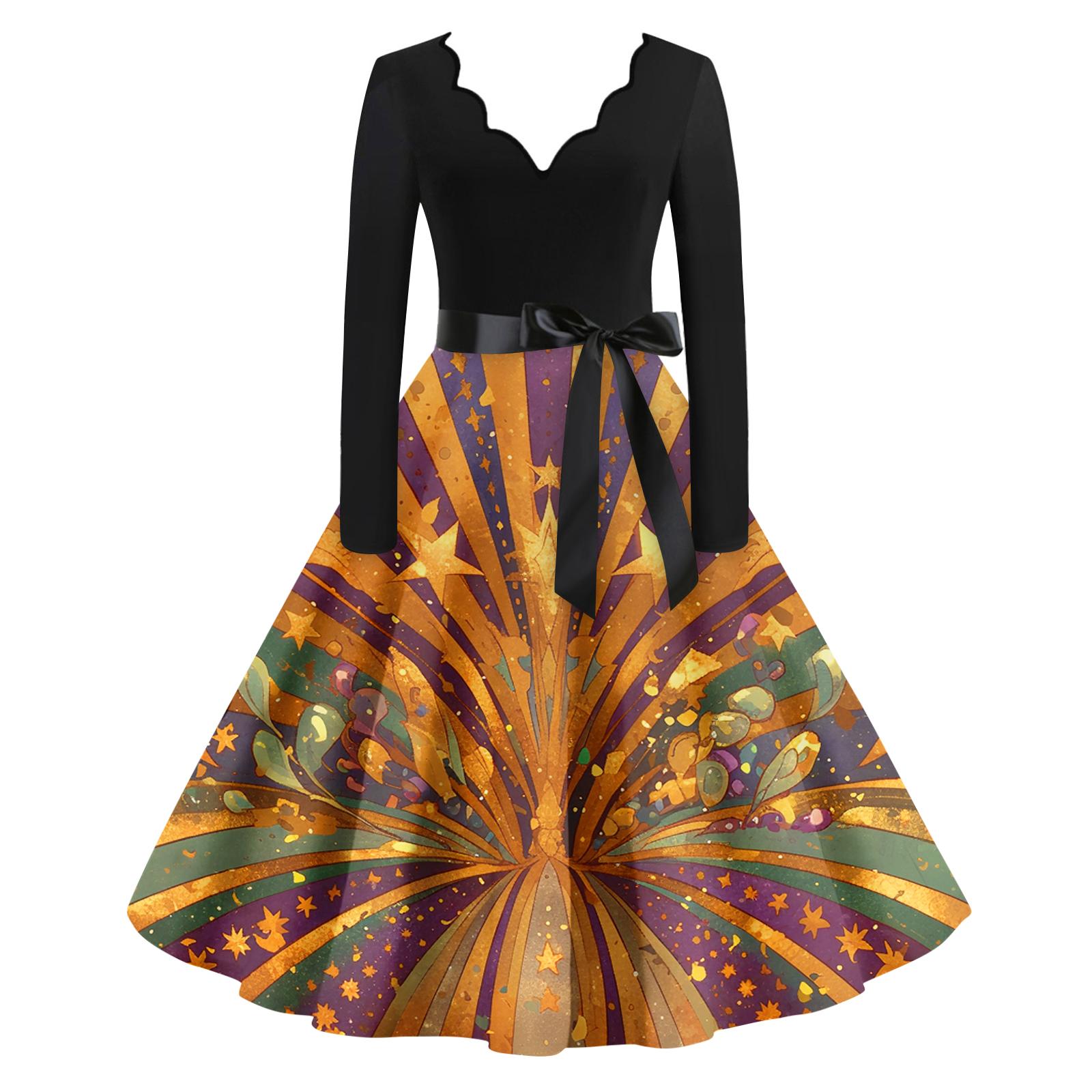 

Женское повседневное модное платье с V-образным вырезом и длинным рукавом с принтом в винтажном стиле L