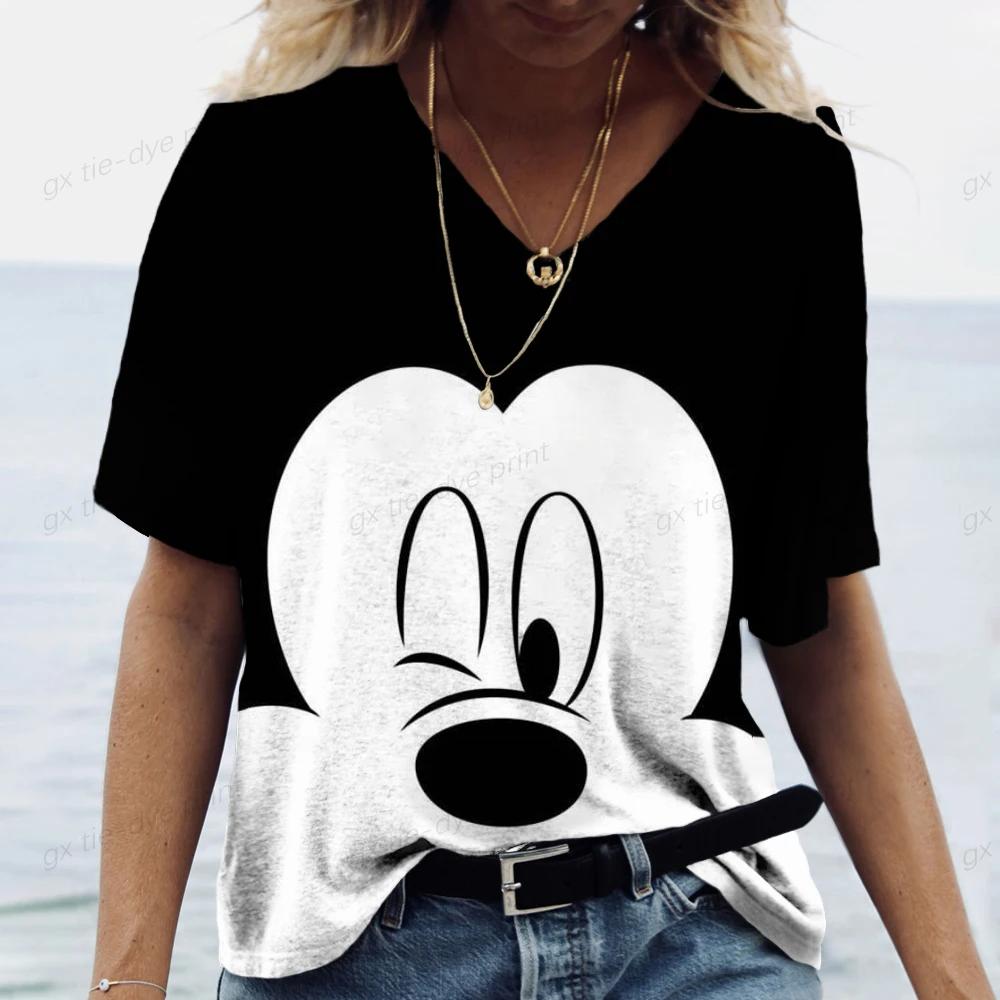 New Women Disney Mickey Mouse Print Vintage T Shirts Women Tops V Neck Pullovers Casual Streetwear Short Sleeve Tops Summer