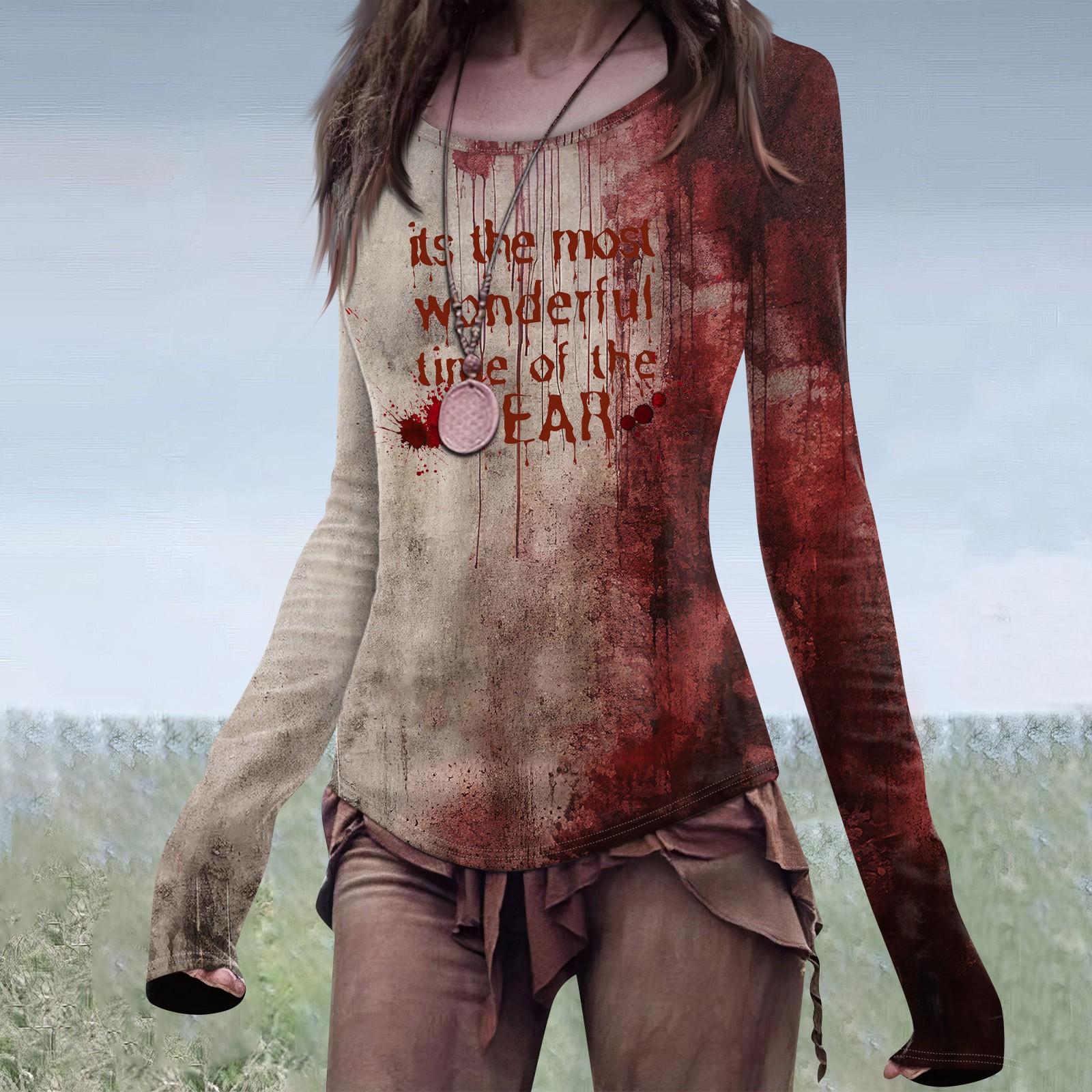 

Женская мода повседневный Mori Slim с длинным рукавом Хэллоуин принтованный круглый вырез обычный топ XL