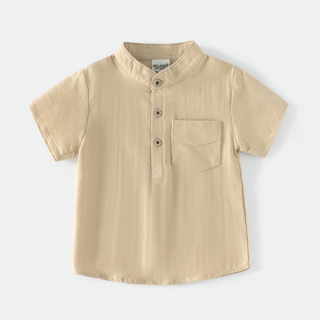2024 Boys' Stand-Collar Short-Sleeve Cotton Shirt - Summer Outdoor Style, Skin-Friendly, Sweat-Absorbent, Comfortable