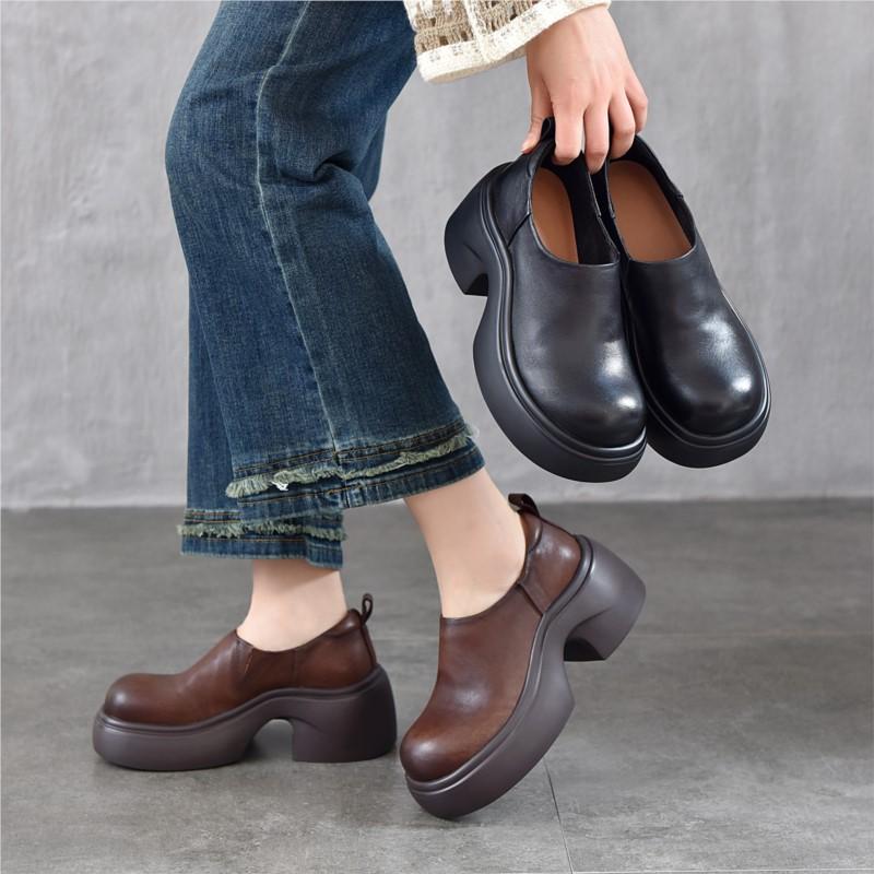 Johnature Lightweight Thick Soled Genuine Leather High-heeled Pumps Versatile Round Toe Women's Platform Shoes