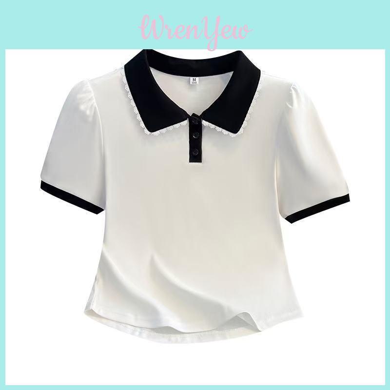Summer Short Sleeve T Shirt For Women With Doll Collar And Spliced Fabric For Casual Wear