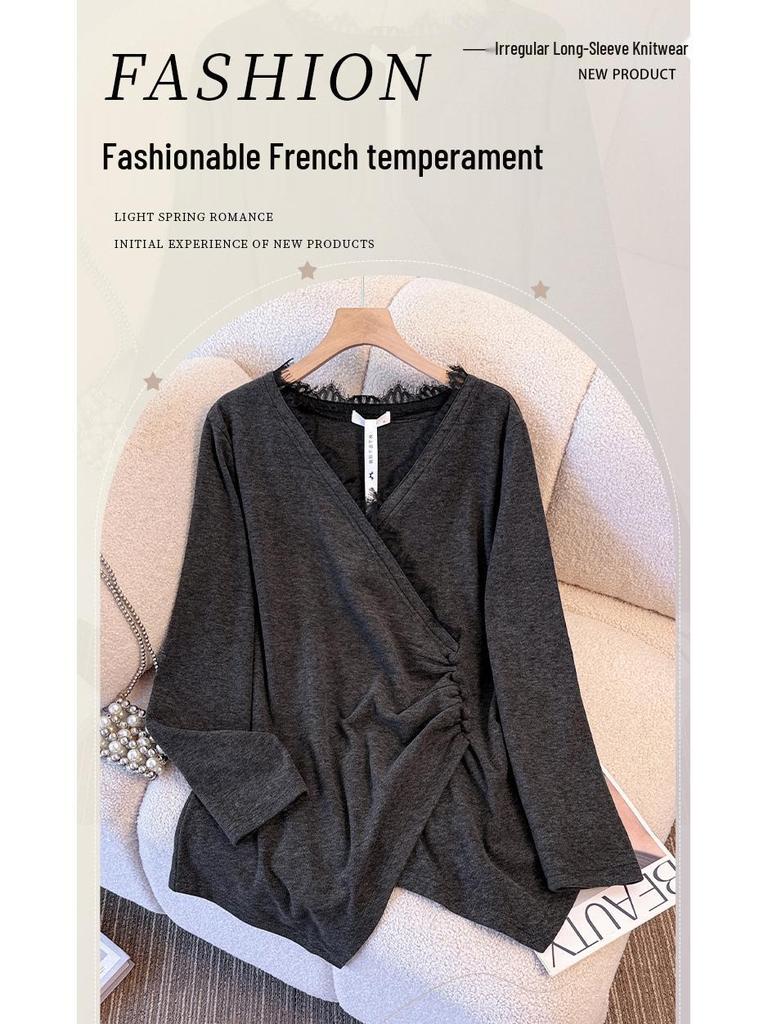 Plus Size Women's Winter Lace Patchwork V-neck Pleated Base Shirt (130-350 jin)