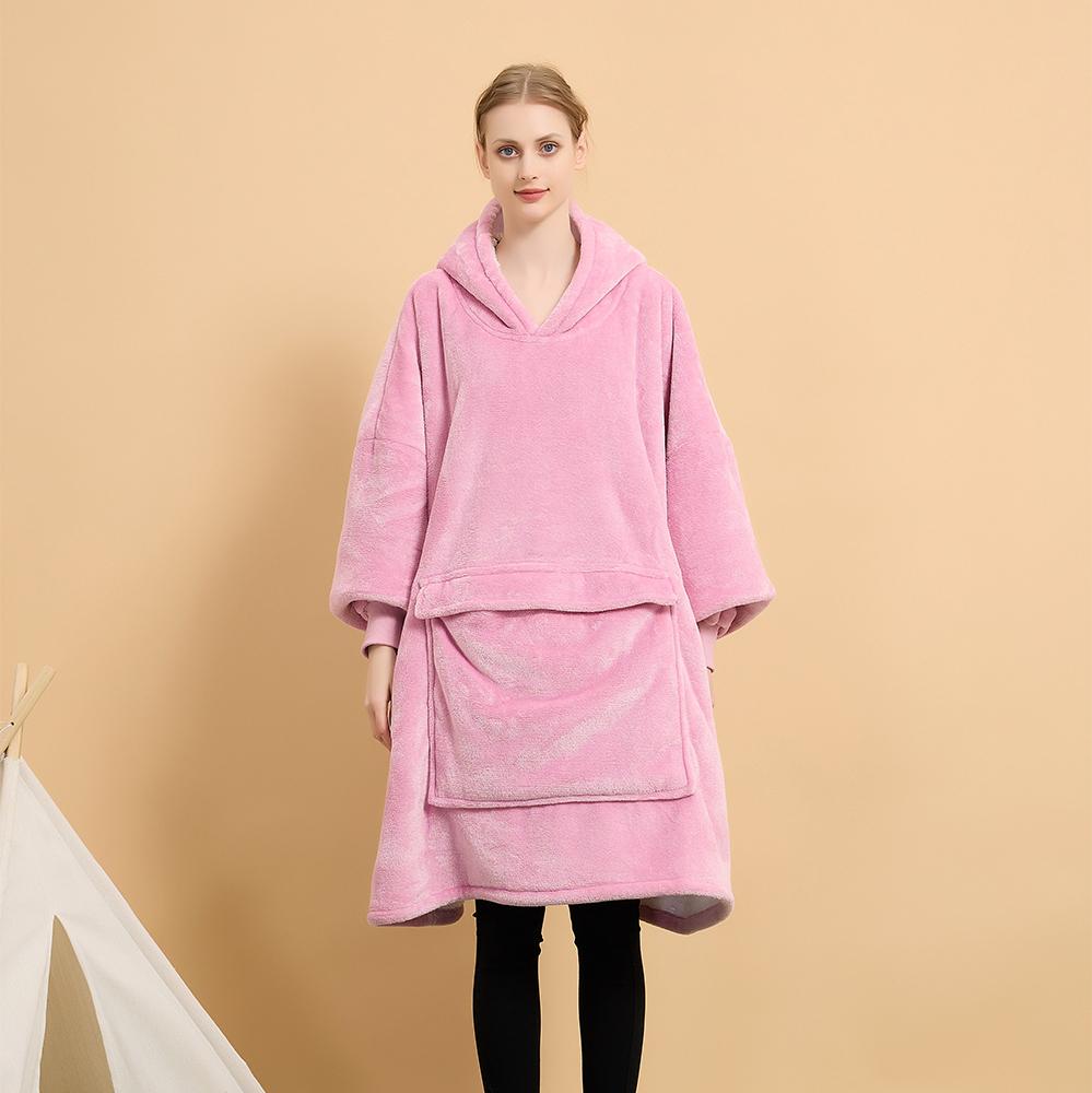 Manufacture Comfortable 100% Polyester Hooded Blanket Flannel Fleece Solid Color Cozy Warm Blanket Hoodie