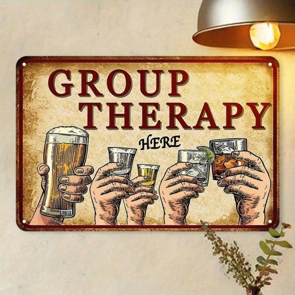 1PC Vintage Group Therapy Tin Sign, Funny Retro Bar Wall Art with Raised Glasses, Humorous Metal Plaque for Man Cave