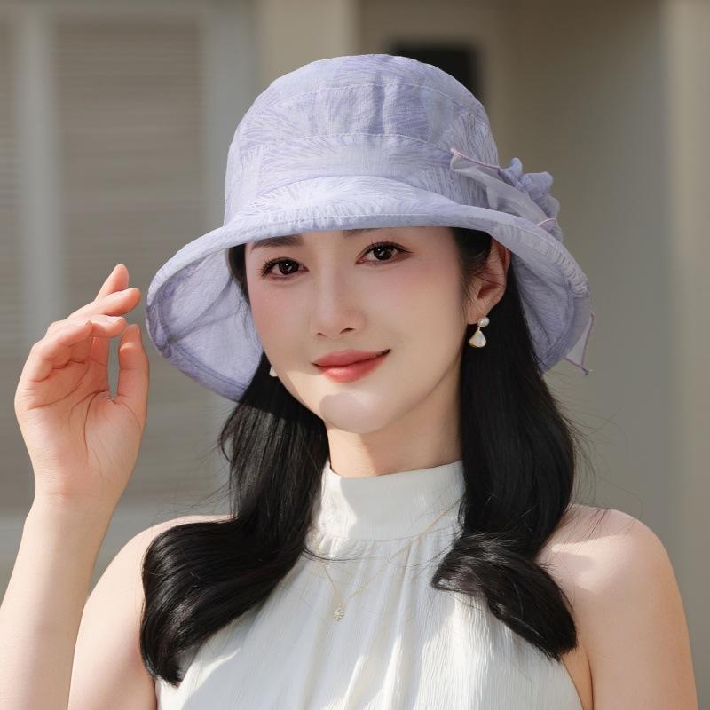 WTEMPO Women's Elegant Organza Flower Sun Hat Lightweight Mesh Bucket Hat with Floral Detail Breathable Casual Cap for Mature Ladies Spring Summer