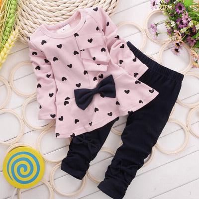 New Baby Sets Heart-shaped Print Bow Cute 2PCS Kids Set T Shirt + Pants PK/100