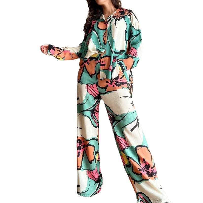 Cross-border Europe, America 2025 New Temperament Women's Clothing Large Size Printed Commuter Shirt High Waist Wide Leg Pants Spot Set