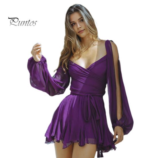 

Вечернее платье с длинными разрезами и рукавами-фонариками. Леопардовый принт. Низкий вырез. V-образный вырез. Оборка. Узкая талия. M фиолетовый