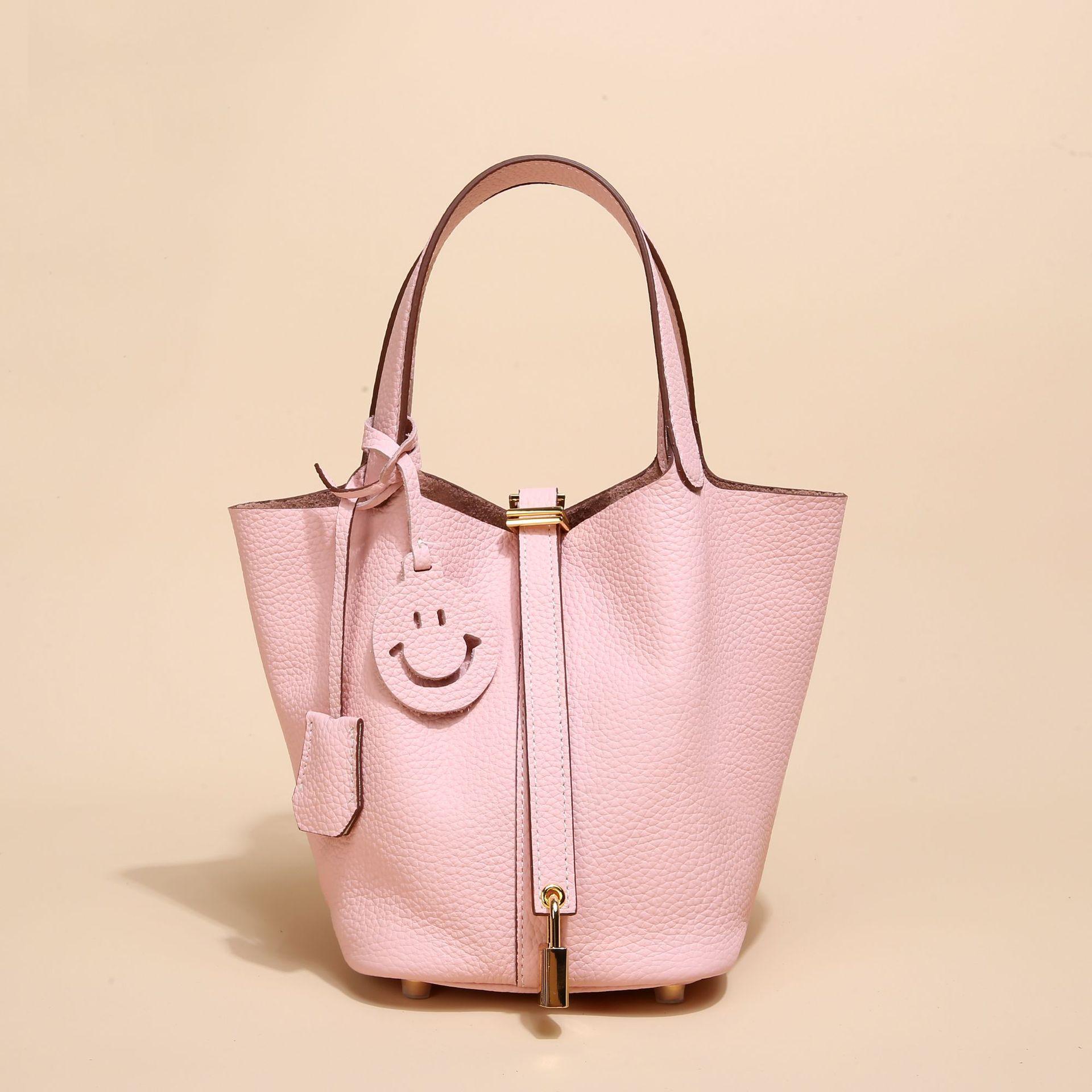 

Женская сумка-корзина для овощей из натуральной кожи с рисунком личи, сумка-ведро для осени и зимы, женская сумка розовый