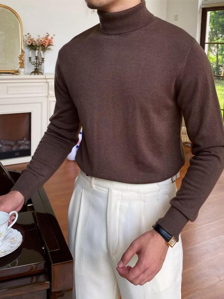 Men's Loose Plus Size High Neck Knit Sweater - Solid Color, Long Sleeve, Spring/Autumn/Winter