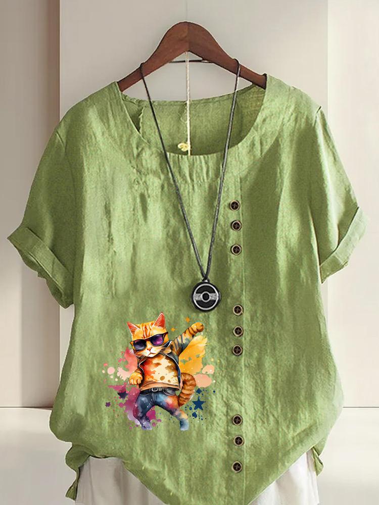 

Women s Fashion Cool Cat Print Round Neck Short Sleeve T-shirt Casual Cotton Linen Graphic Shirt Leisure Loose Summer Blouse Tops 5XL зелений