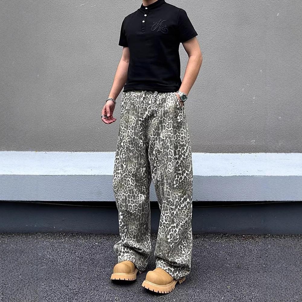 American street vibe retro washed old leopard print jeans men's and women's design scimitar loose wide-leg pants