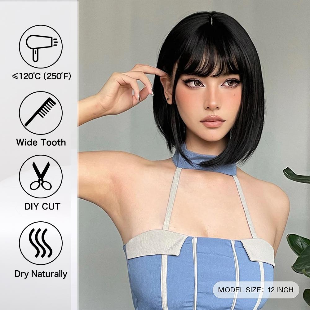 Bob Black Synthetic Wig with Bangs for Women Afro Short Dark Straight Wigs Cosplay Halloween Natural Hair Lolita Heat Resistant
