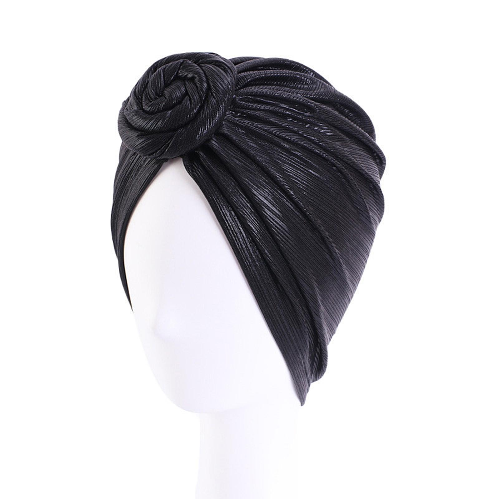 

Women African Headwraps Pre-Tied Bonnet Knot Beanie Cap Elastic Bandanas Pleated Muslim Turbans Hat Chemo Covers Cap black One size#1