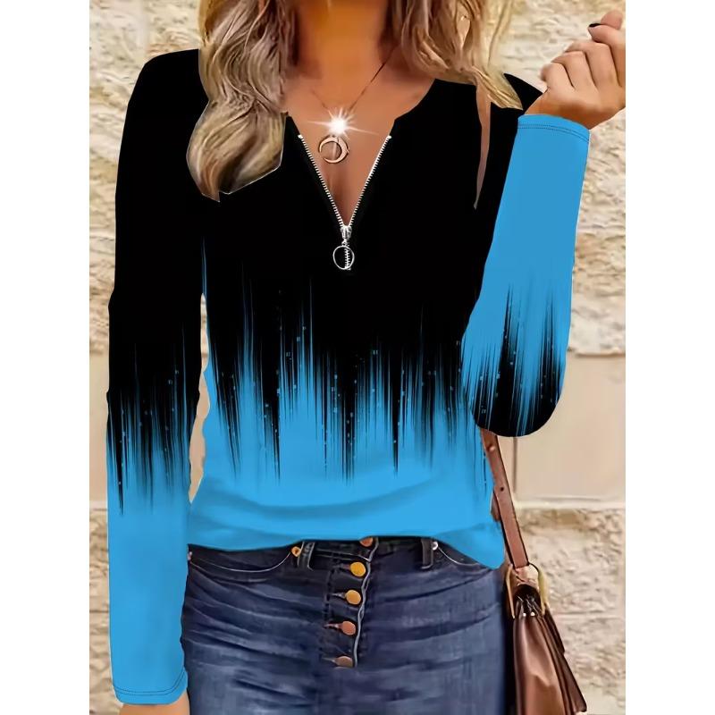 Women's spring and autumn fashionable long-sleeved zipper T-shirt - 3D full body digital printing design party wear