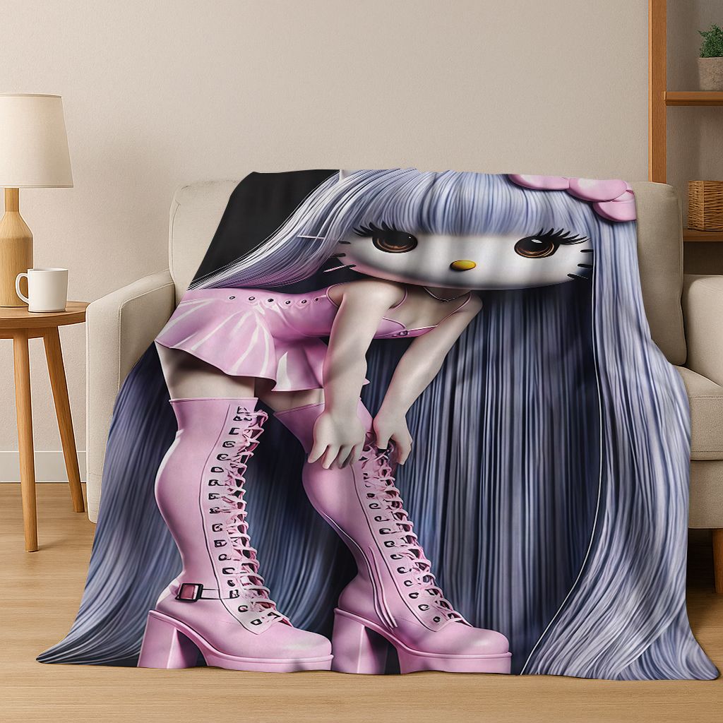 3D Sexy Hello Kitty Cat Girls Cartoon Flannel Blanket,Warm and Cozy Soft Throw Blanket for Home Bedroom Bed Sofa Picnic Cover