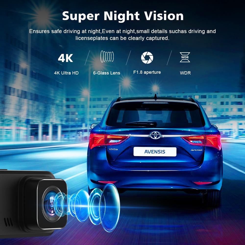 Dual Lens 4K Dash Cam with HD, WiFi, GPS Tracking, and Time-lapse Recording