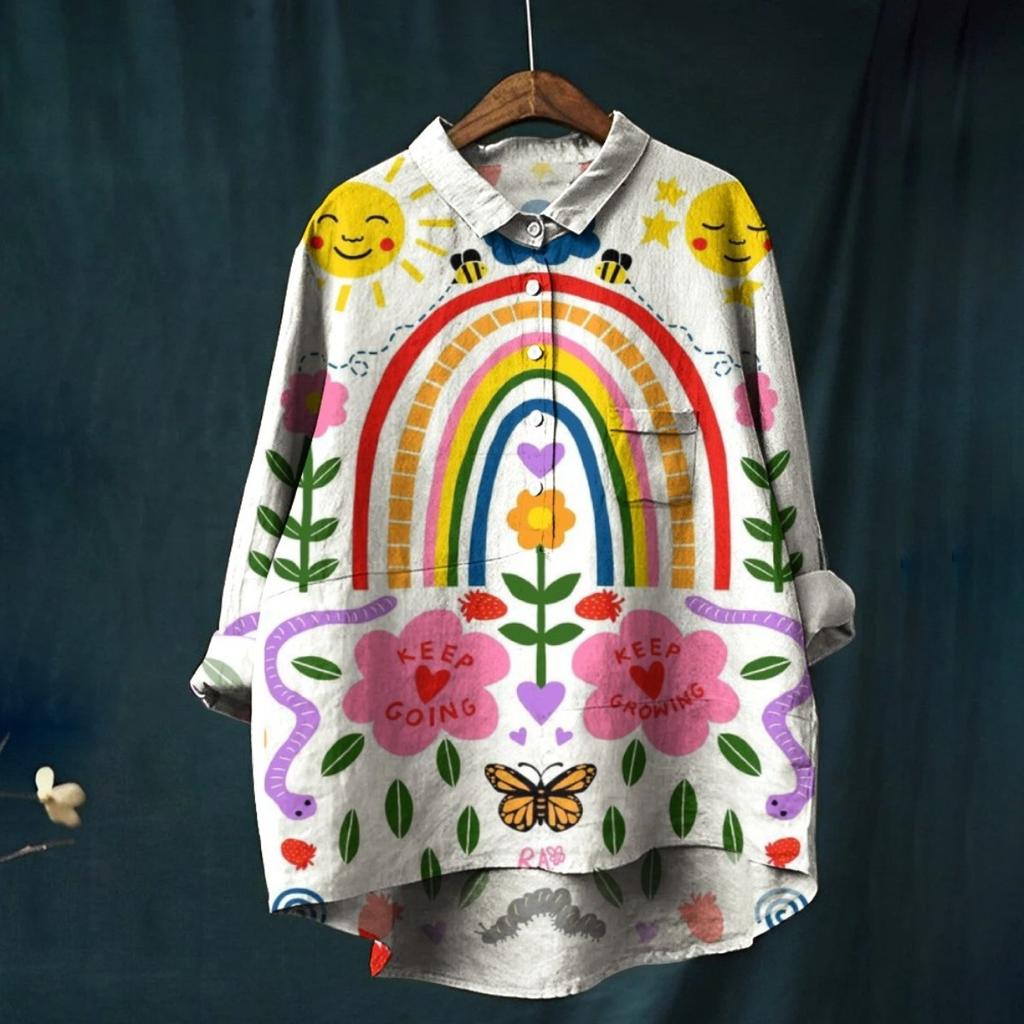 Women's Turn Down Collar Long Sleeve Floral Print Shirt Loose Fit Elegant Casual Blouse