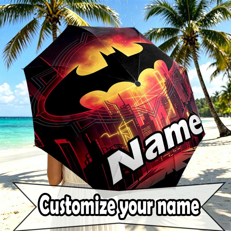 Custom Name Personalized Batman Print Umbrella, Auto Open Close, 8‑Rib Sturdy Frame, Commute Camping Hiking Use, Birthday Gift