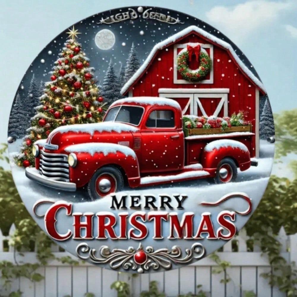 Vintage Red Truck Metal Christmas Wall Sign 8 Inch Round Waterproof Holiday Home Decor Hanging Plaque