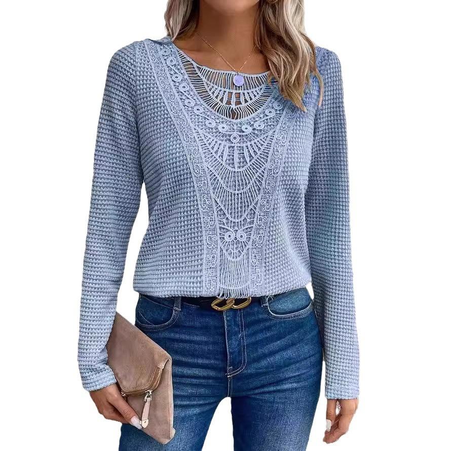 Women's 3XL Bottoming Shirt T-shirt Spring and Autumn Casual Solid Color Lace Stitching Round Neck Long-sleeved T-shirt